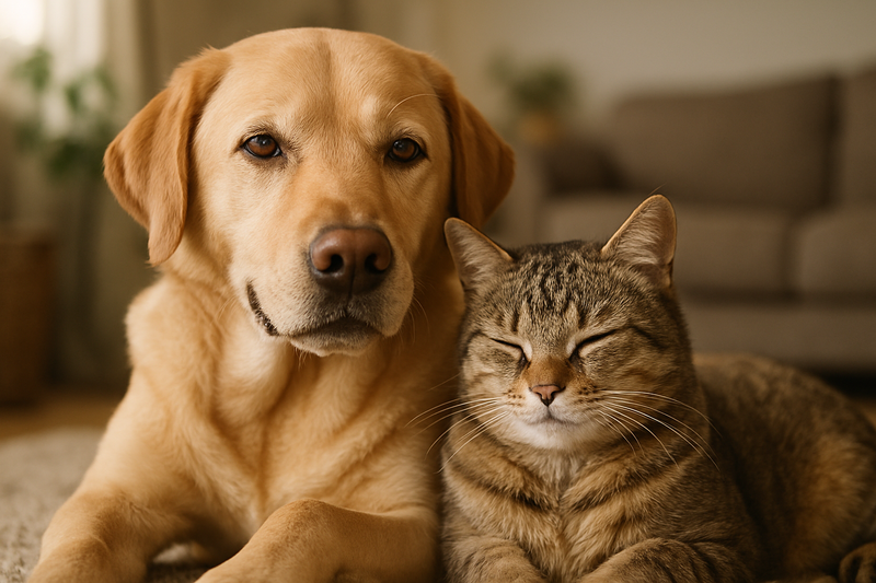 real photo of a dog and a cat, both happy and relaxed